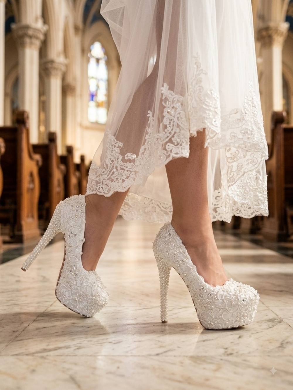 Elegant White Bridal Lace Platform Heels 221